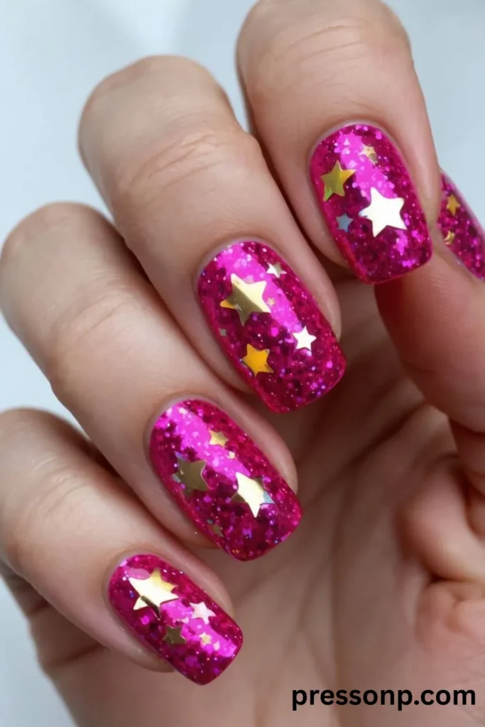 Close-up of short square nails featuring a vibrant hot pink glitter manicure embellished with chunky gold star sequins.