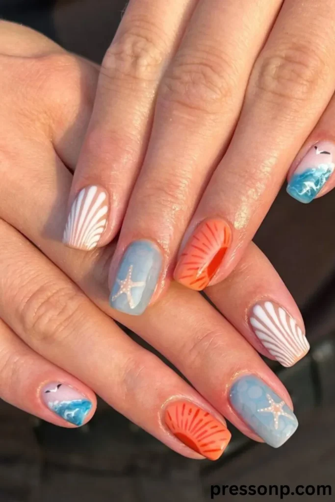 A close-up of a hand displaying a beach-themed manicure on short, natural squoval nails, featuring hand-painted white seashells, orange sunsets, ocean waves with seagulls, and pale blue starfish designs.