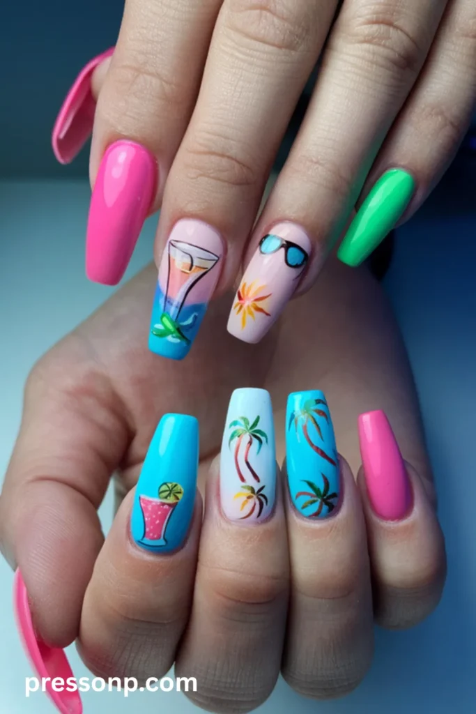 A close-up of two hands displaying a bright, tropical-themed summer manicure on long coffin and square nails, featuring neon pink and green lacquer paired with hand-painted palm trees, beach cocktails, and sunglasses details