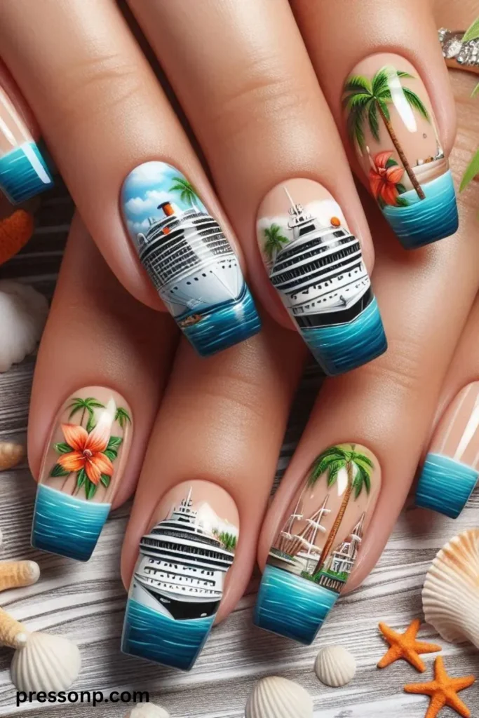A close-up graphic of hands showcasing long coffin-shaped extensions with detailed cruise vacation nail art, featuring hand-painted cruise ships sailing on blue ocean water, tropical palm trees, and orange hibiscus flowers.