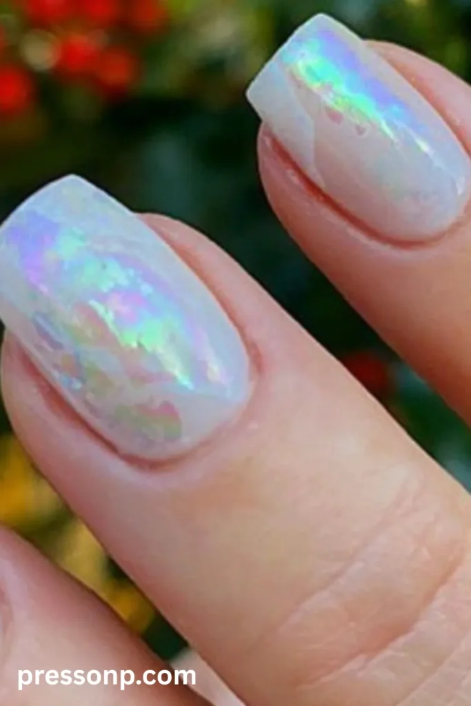 Close-up of nails featuring a milky white base with a shimmering, multi-colored iridescent pearl finish.