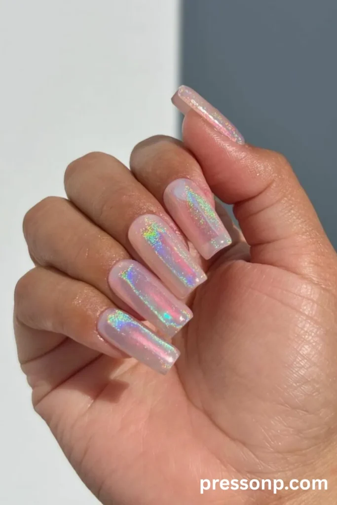 Close-up of long, square-shaped manicured nails featuring a semi-translucent milky pink base with a striking iridescent shimmer and holographic rainbow reflection.