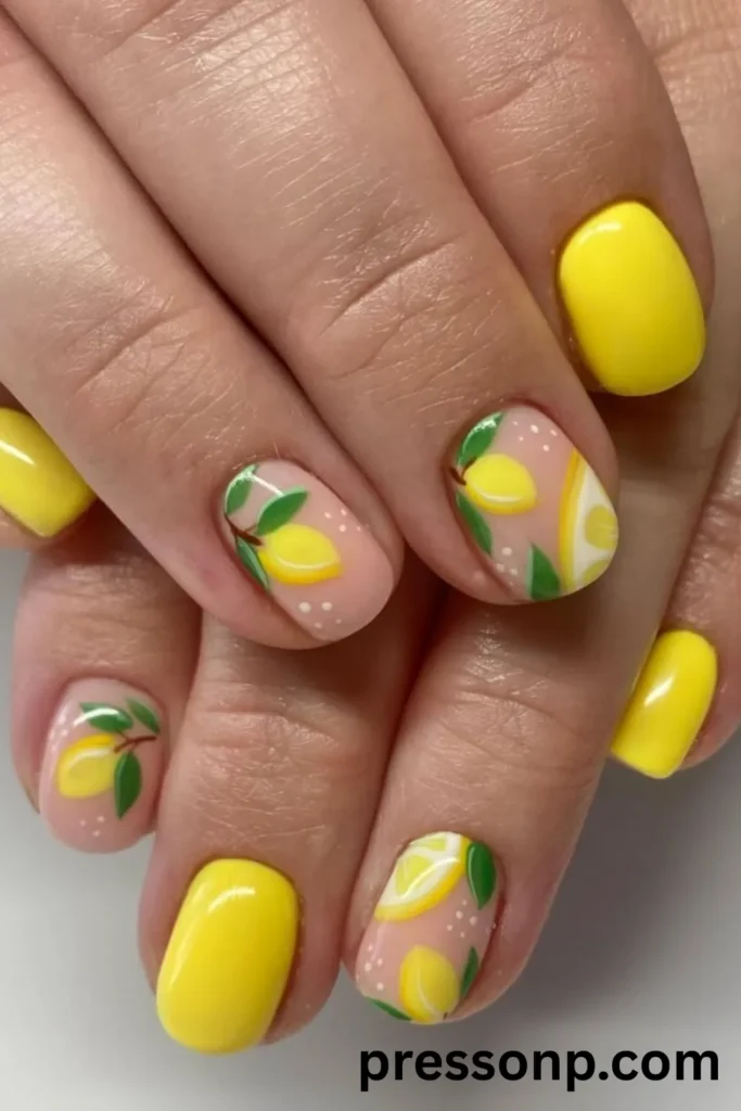 A close-up of two hands displaying a short, glossy summer manicure that alternates between solid, vibrant sun-yellow gel polish and a sheer nude base decorated with hand-painted yellow citrus fruit clusters, green leaves, and white micro-dots.