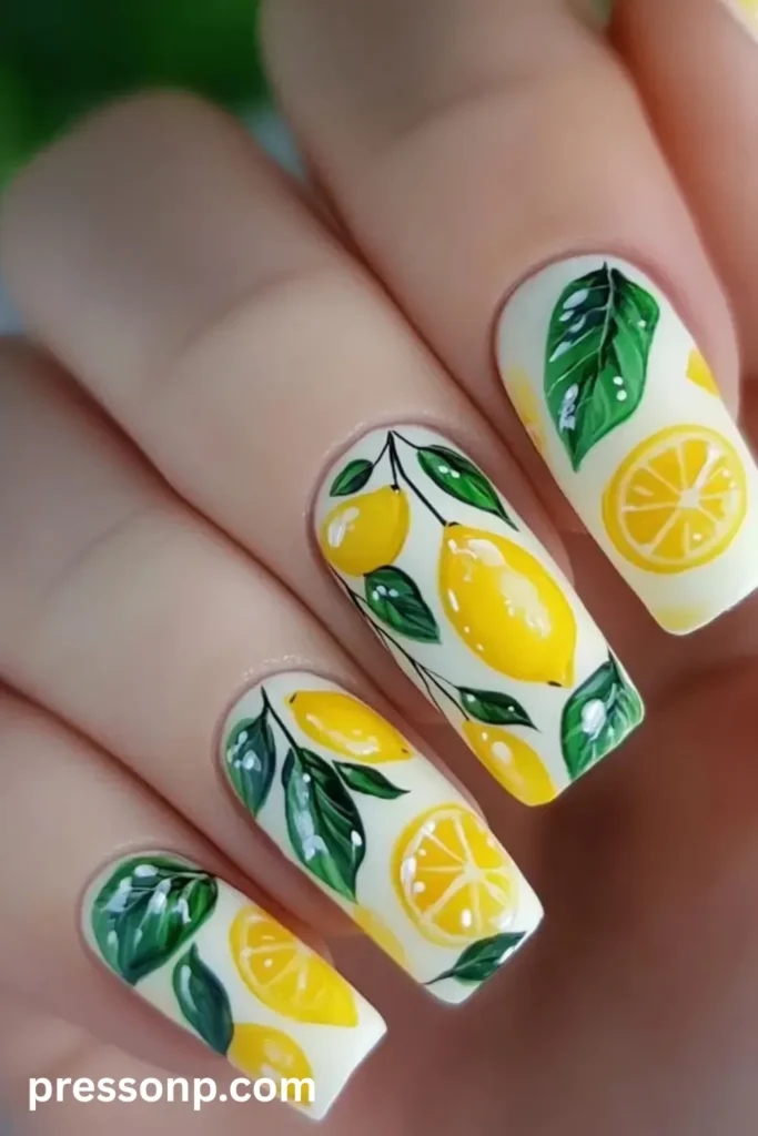 Close-up of long square nails featuring a milky white base decorated with detailed hand-painted yellow lemons, lemon slices, and green leaves.
