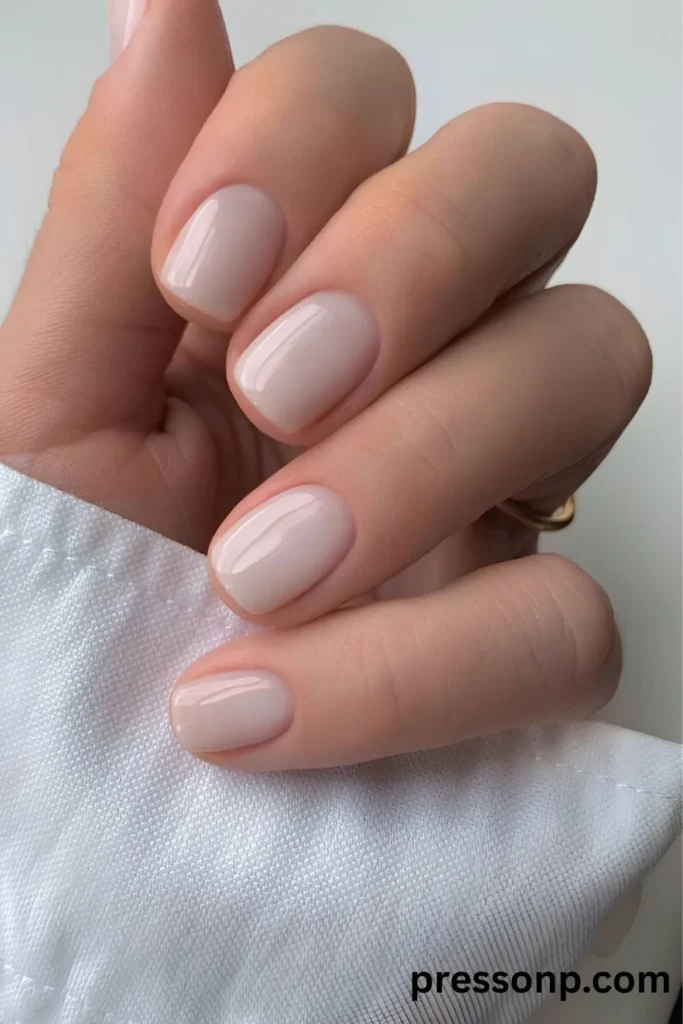 Close-up of short, neatly rounded squoval nails featuring a glossy, semi-translucent milky sheer white polish.