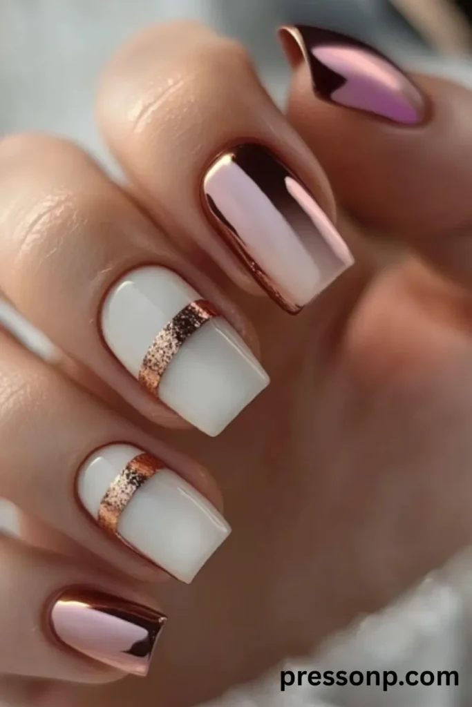 Close-up of square manicured nails featuring a minimalist design with glossy white polish, central rose gold glitter stripes, and alternating mirror-shine chrome metallic accent nails.