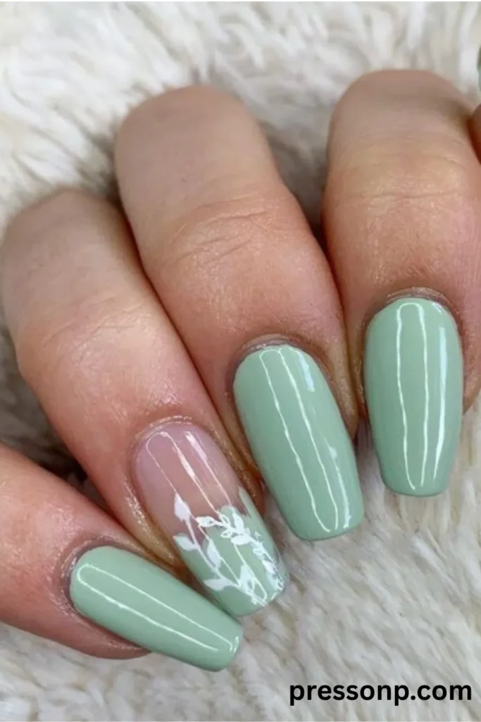 Close-up of medium-length coffin nails painted in a glossy mint green polish, featuring a clear accent nail decorated with white hand-painted leafy vine art.