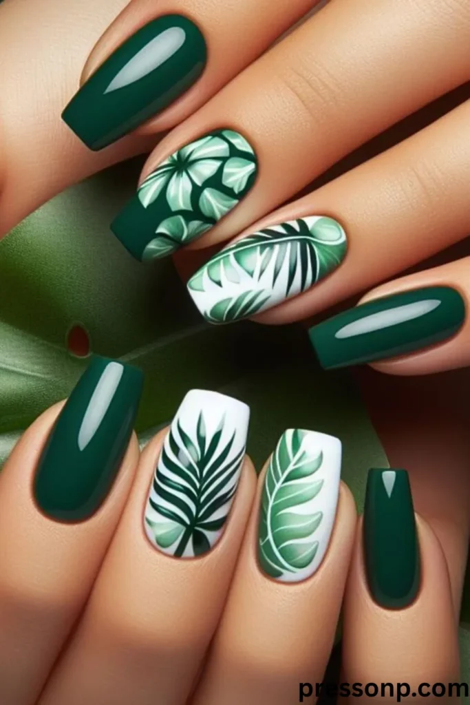 A close-up of hands displaying a high-gloss tropical manicure on long, coffin-shaped nails, featuring a mix of solid deep forest green lacquer and crisp white accent nails decorated with detailed, hand-painted green botanical leaves.