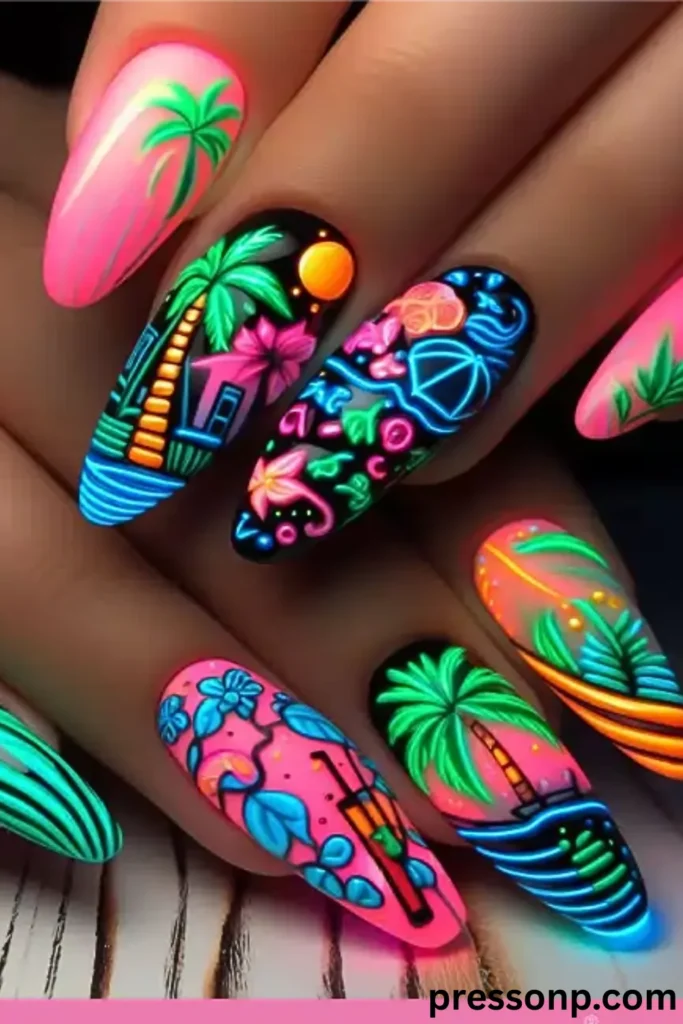 A close-up of long, almond-shaped extensions showcasing an intricate tropical vacation manicure with a glowing neon effect. The design blends hot coral-pink bases and pitch-black backdrops with vibrant, fluorescent green palm trees, blue beach waves, and neon floral silhouettes.