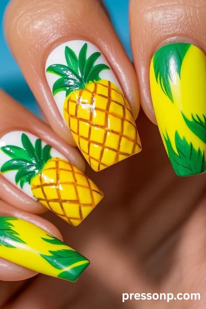Close-up of square and coffin-shaped acrylic nails with a bright summer design featuring hand-painted neon yellow pineapples on white bases and bright green palm frond accent art on a neon yellow background.