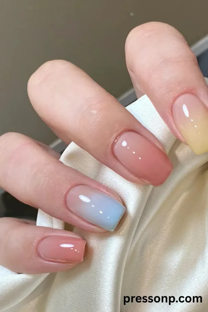 Close-up of short, square manicured nails featuring a glossy pastel gradient ombre design with soft shades of pink, baby blue, and buttery yellow over a sheer base.
