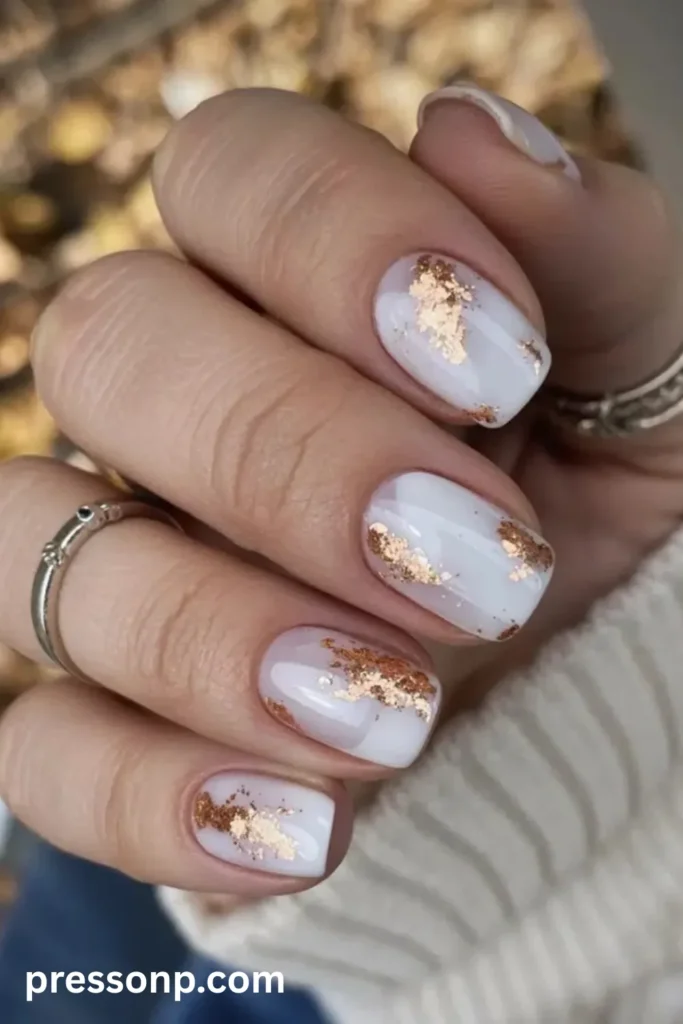 Close-up of short square-shaped nails featuring a milky, semi-translucent off-white and soft peach base decorated with textured flakes of metallic rose gold foil.