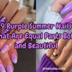 A four-panel landscape nail art collage showcasing trendy purple summer manicures—including lightning bolt art, a skittle gradient, pink aura highlights, and a deep violet ombre—with a bold purple graphic text overlay from pressonp.com.