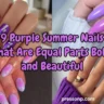 A four-panel landscape nail art collage showcasing trendy purple summer manicures—including lightning bolt art, a skittle gradient, pink aura highlights, and a deep violet ombre—with a bold purple graphic text overlay from pressonp.com.