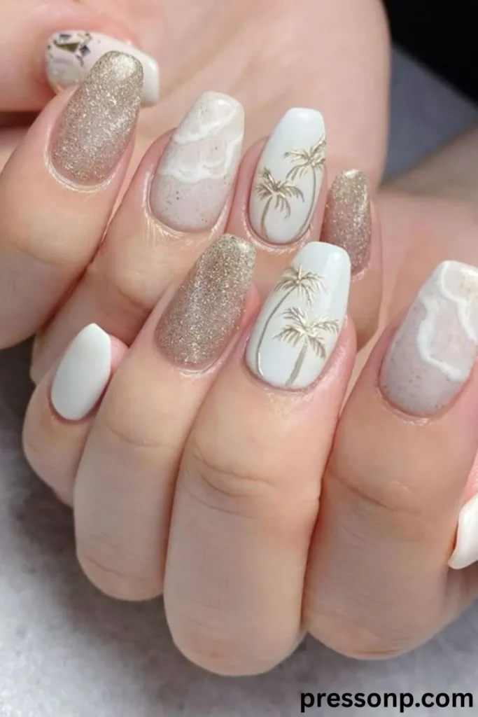 A close-up of a hand displaying a minimalist beach-themed manicure on medium coffin-shaped nails, featuring textured gold glitter, soft sand-colored speckled bases with white seafoam layers, and delicate metallic gold hand-painted palm trees.