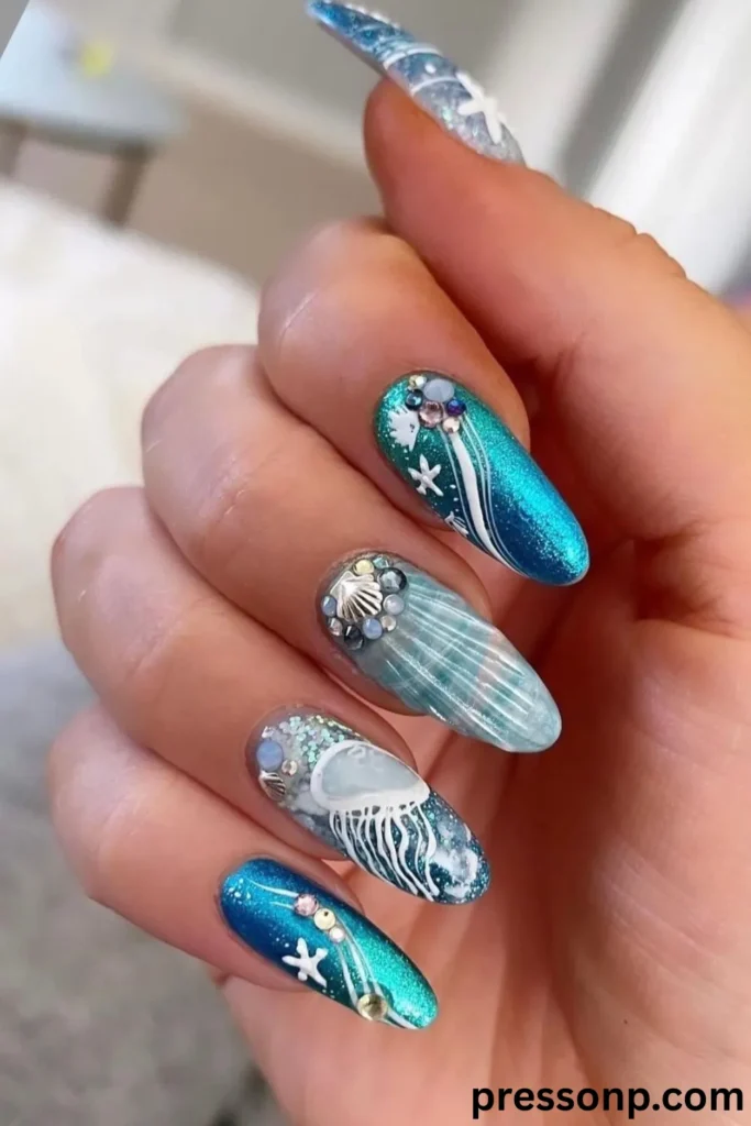 A close-up of a hand showcasing a maximalist beach-themed manicure on long stiletto extensions, featuring shimmering ocean-blue cat-eye polish, a semi-translucent 3D seashell texture, and detailed hand-painted jelly fish and starfish embellishments.