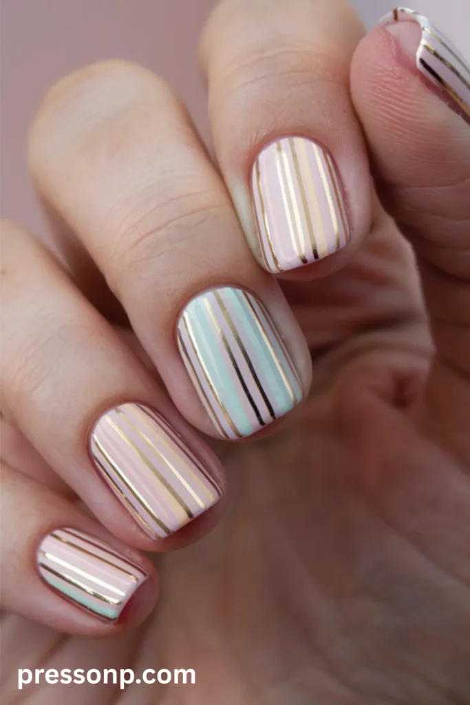 Close-up of short square-shaped nails featuring a pastel color-blocked base of light pink and mint green, decorated with thin, metallic gold vertical striping tape lines.