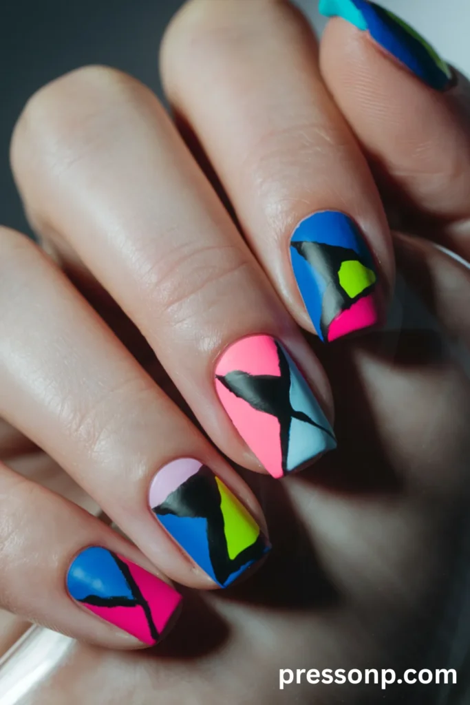 Close-up of short square acrylic nails featuring a smooth matte finish with retro abstract color blocks in neon pink, blue, lime green, and black.