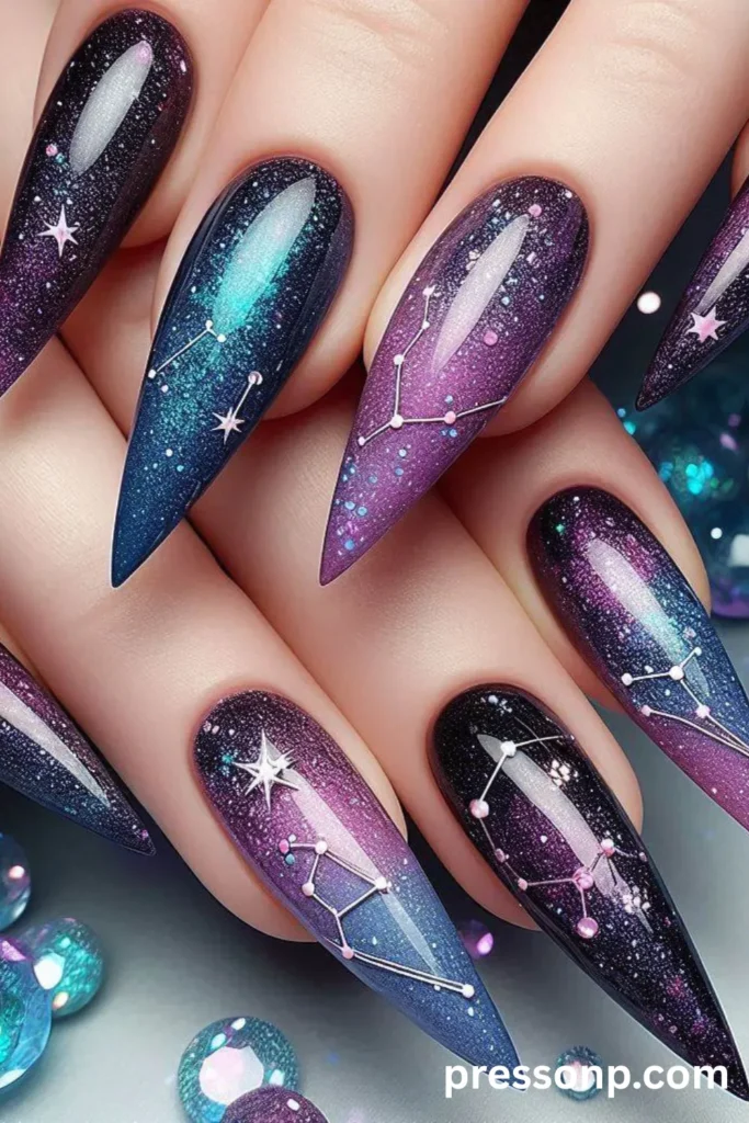 Close-up of long stiletto acrylic nails with a glossy holographic shimmer, featuring a celestial galaxy design with purple, teal, and black gradients and detailed silver constellation lines.