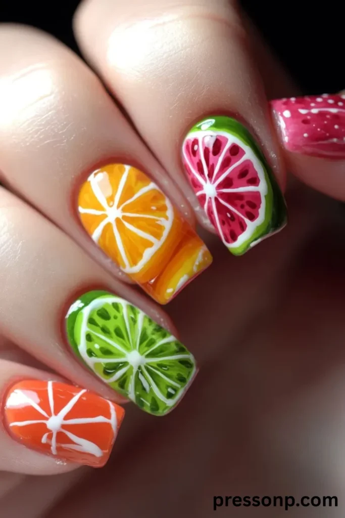 A close-up of a hand displaying a vibrant summer manicure on short squoval nails, featuring bold, full-coverage designs painted to look like realistic citrus fruit slices including orange, lime, grapefruit, and tangerine segments outlined in crisp white lines.
