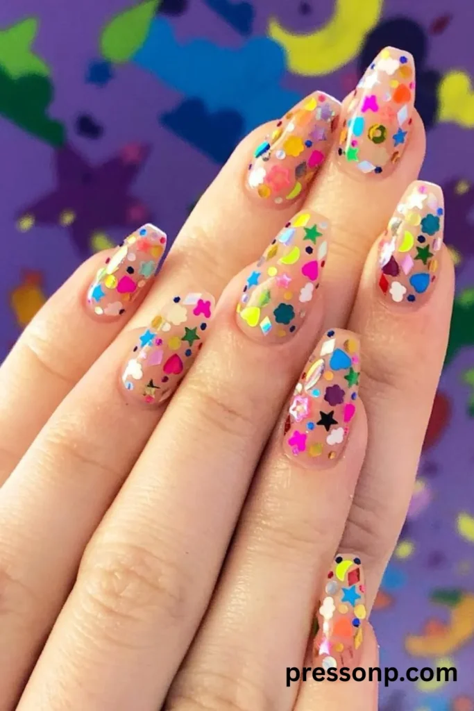 A close-up of long, coffin-shaped manicured nails featuring a clear base coat covered in a vibrant, multicolored explosion of chunky confetti glitter shapes.