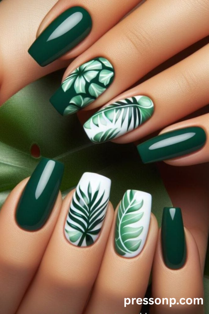 Close-up of long coffin-shaped nails featuring a high-gloss forest green base paired with white accent nails decorated with detailed tropical leaf and monstera prints.