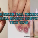 Horizontal blog banner graphic titled "Summer Nail Trends You'll Regret Skipping This Year," showcasing a three-panel collage of manicures including pastel blue polka dot nails, glassy mauve jelly nails, and shimmering pink magnetic cat-eye nails.