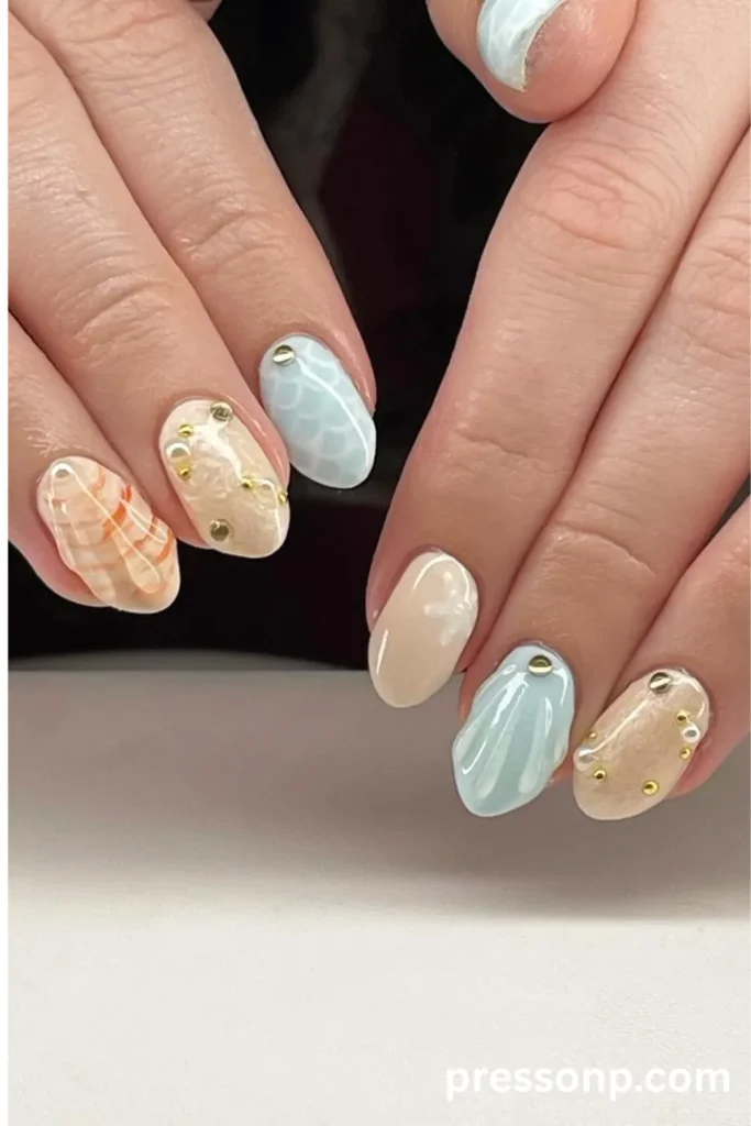 Close-up of short oval nails with a beach-themed manicure, featuring textured 3D seashell art in pale blue and peach, shimmering white sand marble bases, and tiny gold and pearl embellishments.