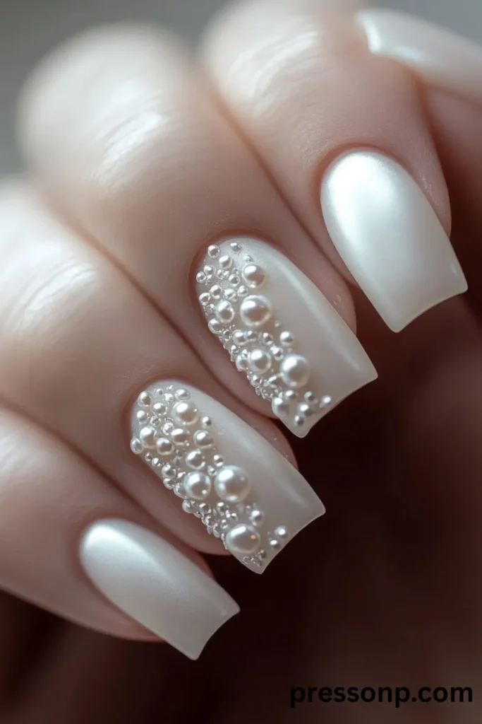 Close-up of long, square nails featuring a shimmering pearlescent white polish paired with translucent white accent nails heavily adorned with micro-pearl clusters.
