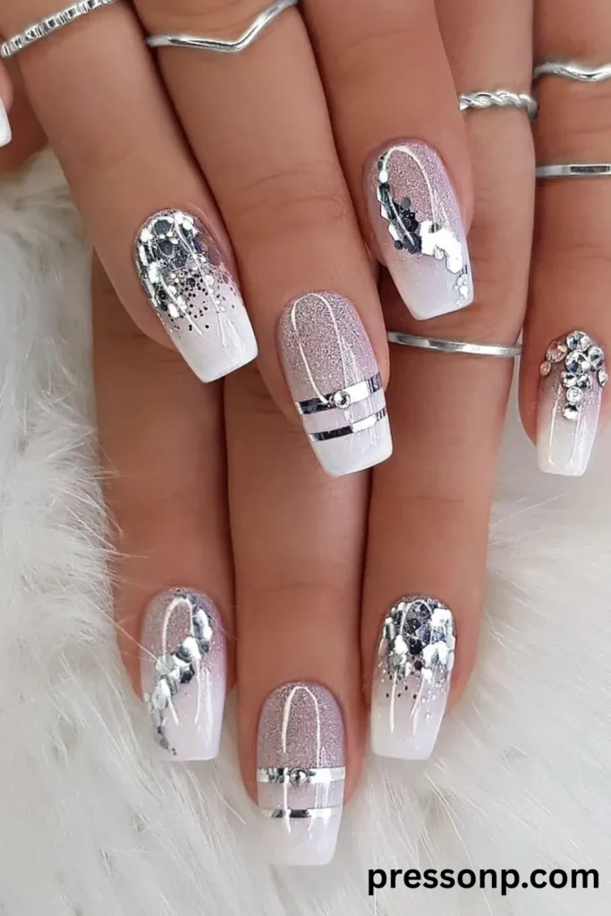 Close-up of long coffin nails featuring a white-to-pink glitter ombre, accented with metallic silver striping tape lines, chunky silver glitter flakes, and rhinestone clusters.