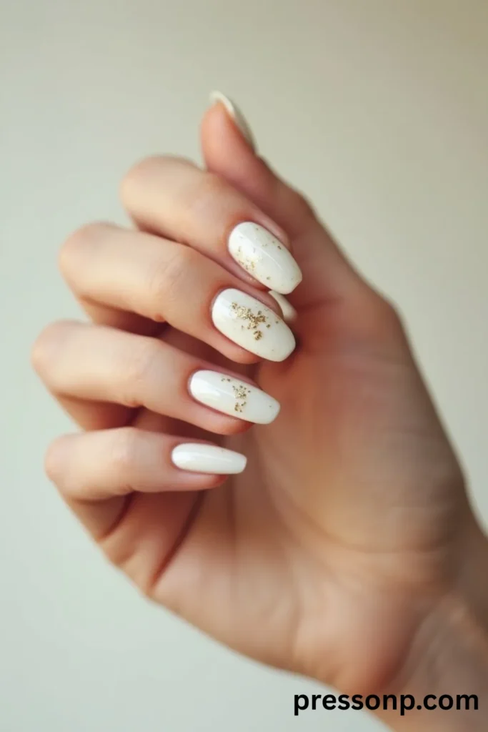 Close-up of long, narrow squoval nails featuring a glossy milky white base polish accented with delicate metallic gold foil flecks scattered near the cuticles.
