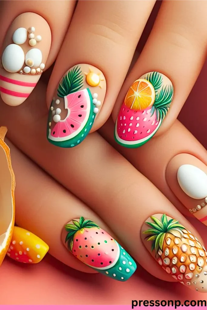 A close-up of a hand showcasing a highly detailed, tropical summer manicure on medium oval nails, featuring 3D textured art of watermelons, strawberries, pineapples, and citrus slices over a matte nude base.