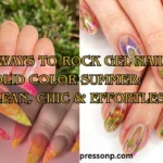 A wide landscape collage graphic showing three different summer manicures: a soft pearlescent glazed ombre set, a vibrant orange and pink glitter stiletto set, and a short natural set with hand-painted watercolor wildflowers. Large gold text with a black outline overlay reads: "6 WAYS TO ROCK GEL NAILS SOLID COLOR SUMMER: CLEAN, CHIC & EFFORTLESS".
