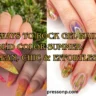 A wide landscape collage graphic showing three different summer manicures: a soft pearlescent glazed ombre set, a vibrant orange and pink glitter stiletto set, and a short natural set with hand-painted watercolor wildflowers. Large gold text with a black outline overlay reads: "6 WAYS TO ROCK GEL NAILS SOLID COLOR SUMMER: CLEAN, CHIC & EFFORTLESS".