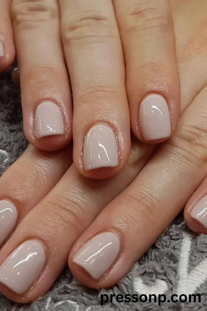 A close-up of two hands folded together, displaying a fresh, solid-color gel manicure on short, natural squoval-shaped nails painted in a high-gloss, opaque pale taupe-nude polish.