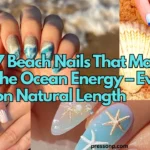 A wide landscape collage graphic showcasing a variety of ocean-themed manicures, including textured glitter seafoam waves, minimalist blue wave tips on sand, hand-painted coastal icons on short nails, and elegant 3D starfish charms. Bold turquoise text with a black outline overlay reads: "7 Beach Nails That Match the Ocean Energy – Even on Natural Length".