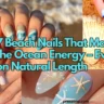 A wide landscape collage graphic showcasing a variety of ocean-themed manicures, including textured glitter seafoam waves, minimalist blue wave tips on sand, hand-painted coastal icons on short nails, and elegant 3D starfish charms. Bold turquoise text with a black outline overlay reads: "7 Beach Nails That Match the Ocean Energy – Even on Natural Length".