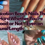 A wide landscape collage graphic showcasing a variety of beach-themed manicures, including intricate 3D ocean-wave designs, solid seafoam aqua shades, and high-shine metallic turquoise chrome. Bold black text with a vibrant hot pink outline overlay reads: "7 Vacation Beach Nails That Go Hard Whether You're Abroad or Not – Even on Natural Length"