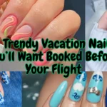 A wide horizontal YouTube thumbnail collage showcasing four vibrant vacation manicures: neon retro swirl waves, a pastel purple gradient set, a cobalt blue daisy floral design, and a sky blue Greek-island-themed set. Large black text with a neon green outline across the center reads: "7 Trendy Vacation Nails You’ll Want Booked Before Your Flight".
