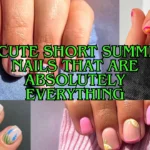 A wide horizontal YouTube thumbnail collage showcasing four short, natural summer nail designs: light blue micro-tips with small floral accents, abstract neon pink and orange wavy tips, delicate hand-painted blue wildflower stems, and bright pink accents mixed with lemon slice French tips. Large lime-green text with a black outline overlays the center, reading: "7 CUTE SHORT SUMMER NAILS THAT ARE ABSOLUTELY EVERYTHING".