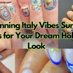 A wide horizontal YouTube thumbnail collage showcasing four different Amalfi Coast-inspired summer manicures featuring intricate blue Majolica tile patterns, detailed citrus lemon prints, and elegant Mediterranean tile frames. Large lime-green text with a black outline overlays the center, reading: "8 Stunning Italy Vibes Summer Nails for Your Dream Holiday Look".