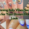 A wide horizontal YouTube thumbnail collage showcasing four different Amalfi Coast-inspired summer manicures featuring intricate blue Majolica tile patterns, detailed citrus lemon prints, and elegant Mediterranean tile frames. Large lime-green text with a black outline overlays the center, reading: "8 Stunning Italy Vibes Summer Nails for Your Dream Holiday Look".