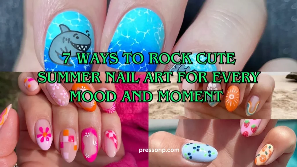 A vertical Pinterest pin collage featuring four different summer nail art styles—including ocean pool water effect with a cartoon shark, a beach-ready vacation mix-and-match look, a vibrant retro flower power set, and a colorful assorted fruit print manicure. Bold neon green text with a black outline overlays the center, reading: "7 WAYS TO ROCK CUTE SUMMER NAILS ART FOR EVERY MOOD AND MOMENT".
