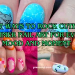 A vertical Pinterest pin collage featuring four different summer nail art styles—including ocean pool water effect with a cartoon shark, a beach-ready vacation mix-and-match look, a vibrant retro flower power set, and a colorful assorted fruit print manicure. Bold neon green text with a black outline overlays the center, reading: "7 WAYS TO ROCK CUTE SUMMER NAILS ART FOR EVERY MOOD AND MOMENT".