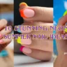 A YouTube thumbnail graphic split into three vertical sections showcasing different neon summer manicures, layered with a central text overlay. The left section shows a hand with matte square nails featuring an airbrushed pastel neon rainbow vertical gradient. The middle section displays close-up matte square nails with a neutral nude base and mismatched bright French tips in orange, blue, yellow, and pink. The right section features a hand against an ocean background with highlighter neon yellow square nails and blue daisy flower accent nails. Large, bold yellow text with a blue-purple outline stretches across the center, reading "10 STUNNING NEON SUMMER NAIL IDEAS". The website text "pressonp.com" is visible in white in the bottom right corner.