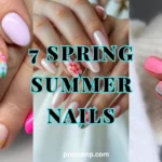 Horizontal blog banner titled "7 Spring Summer Nails," displaying a three-panel collage of manicures featuring intricate pastel floral nail art, an iridescent pearl finish with a painted hibiscus flower, and a solid bright pink design with wavy abstract accents.
