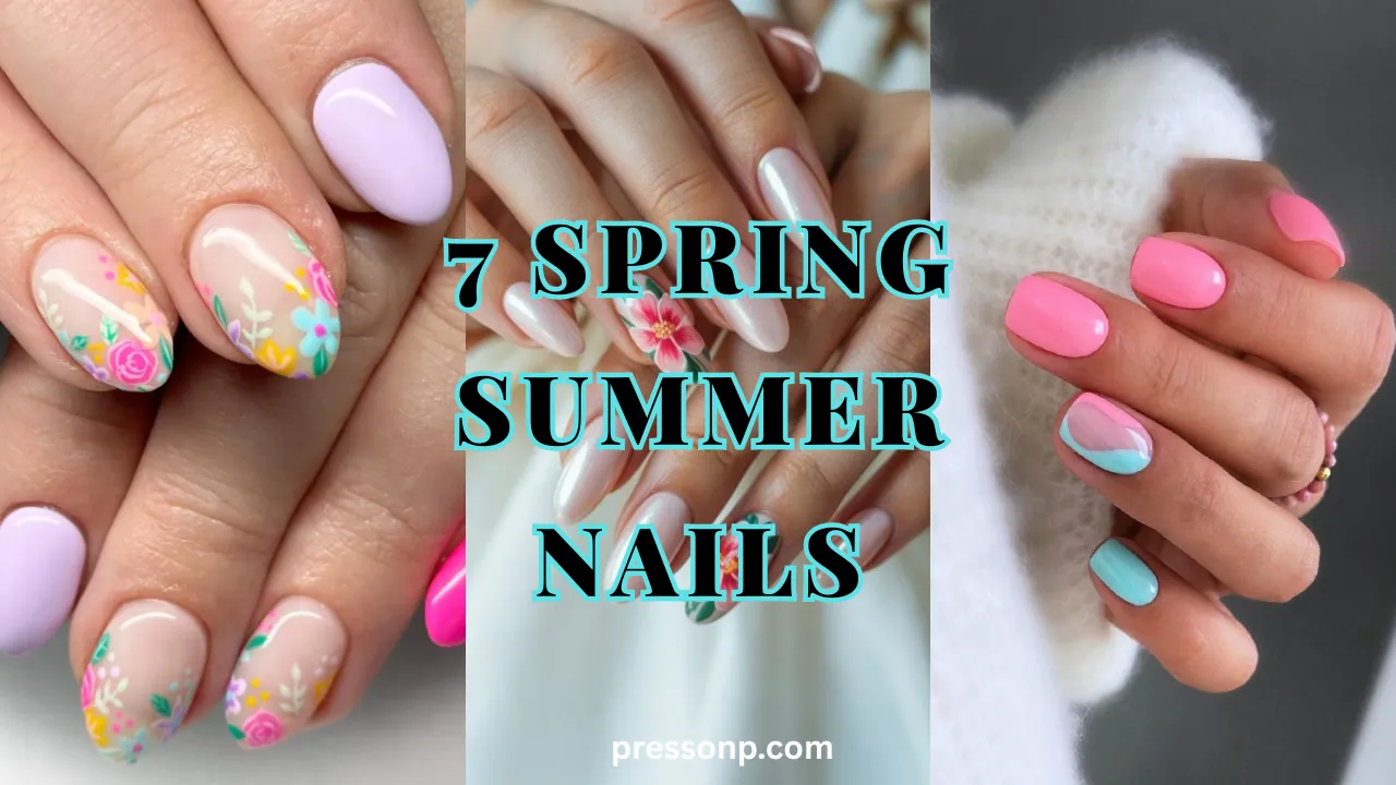 Horizontal blog banner titled "7 Spring Summer Nails," displaying a three-panel collage of manicures featuring intricate pastel floral nail art, an iridescent pearl finish with a painted hibiscus flower, and a solid bright pink design with wavy abstract accents.