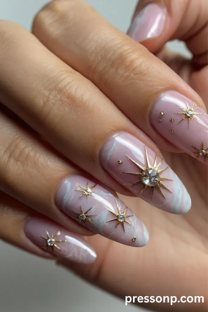Close-up of long almond-shaped nails with a pink and white marble base, decorated with intricate gold celestial starburst decals and crystal rhinestone centers.