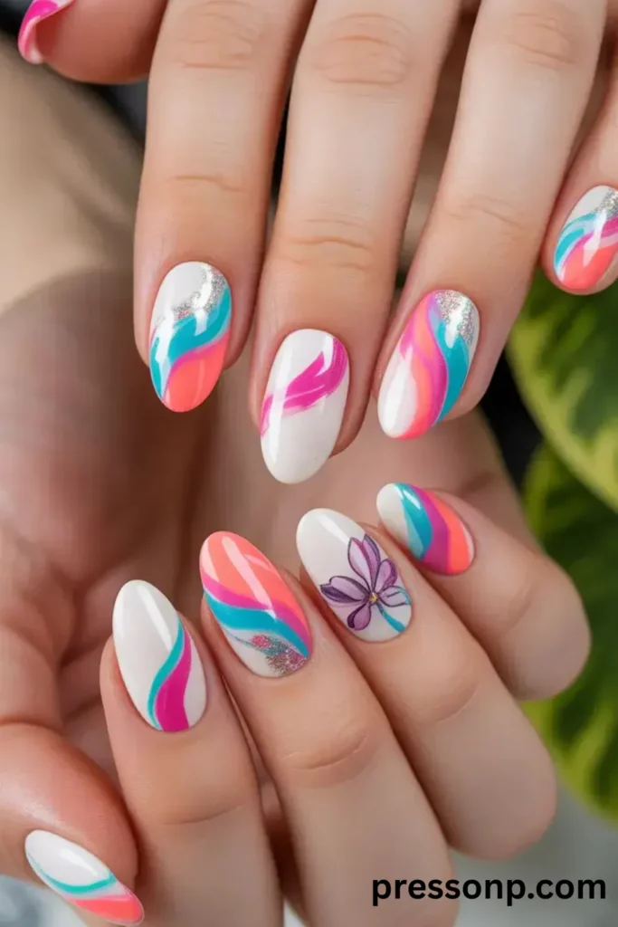 Close-up of hands displaying oval-shaped nails with an abstract mix of coral, turquoise, magenta, and white color-blocked swirls, featuring a hand-painted purple flower accent nail.
