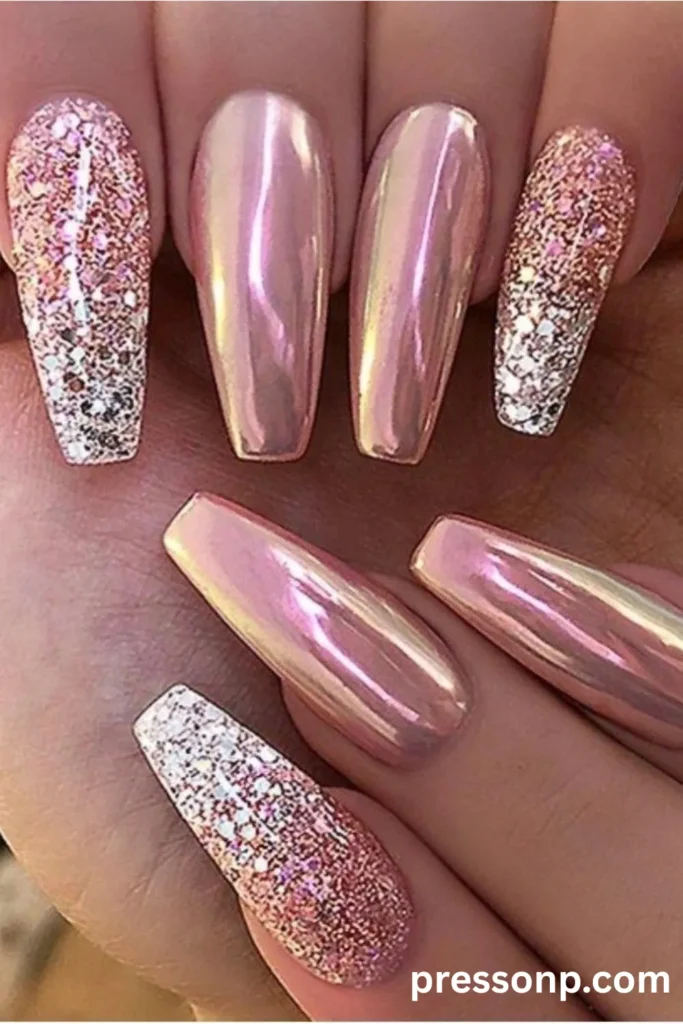 Close-up of long coffin-shaped nails featuring a high-shine mix of metallic rose gold chrome and full-coverage pink glitter shimmer.